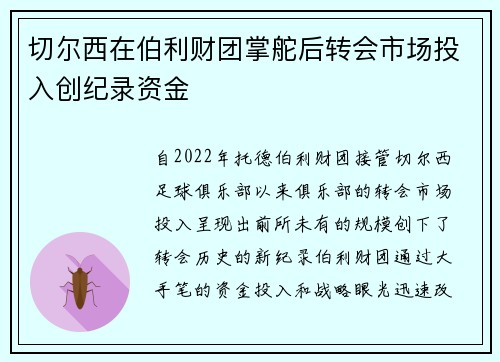 切尔西在伯利财团掌舵后转会市场投入创纪录资金