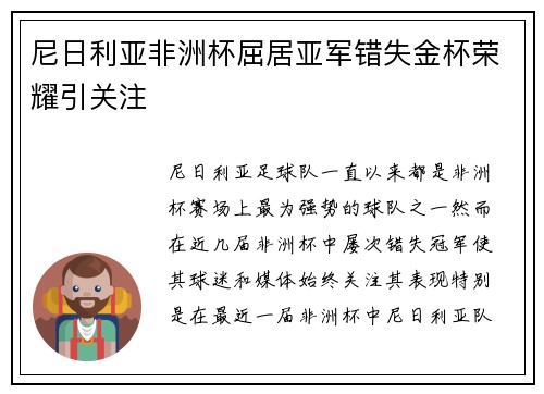 尼日利亚非洲杯屈居亚军错失金杯荣耀引关注
