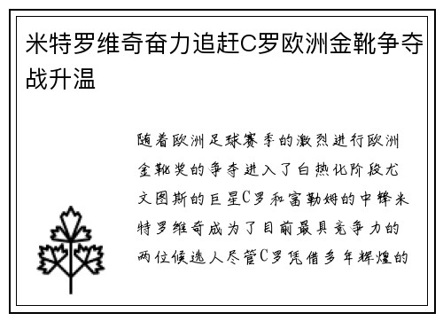 米特罗维奇奋力追赶C罗欧洲金靴争夺战升温