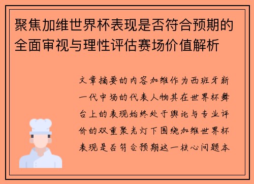 聚焦加维世界杯表现是否符合预期的全面审视与理性评估赛场价值解析