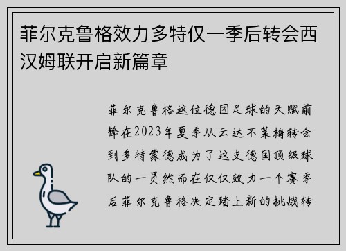 菲尔克鲁格效力多特仅一季后转会西汉姆联开启新篇章